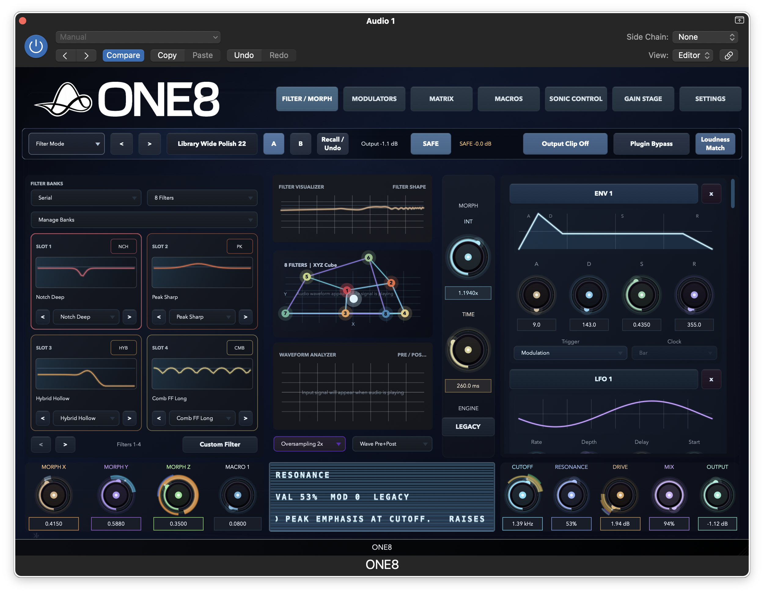 ONE8 Filter / Morph interface — filter banks, morph space, and performance controls