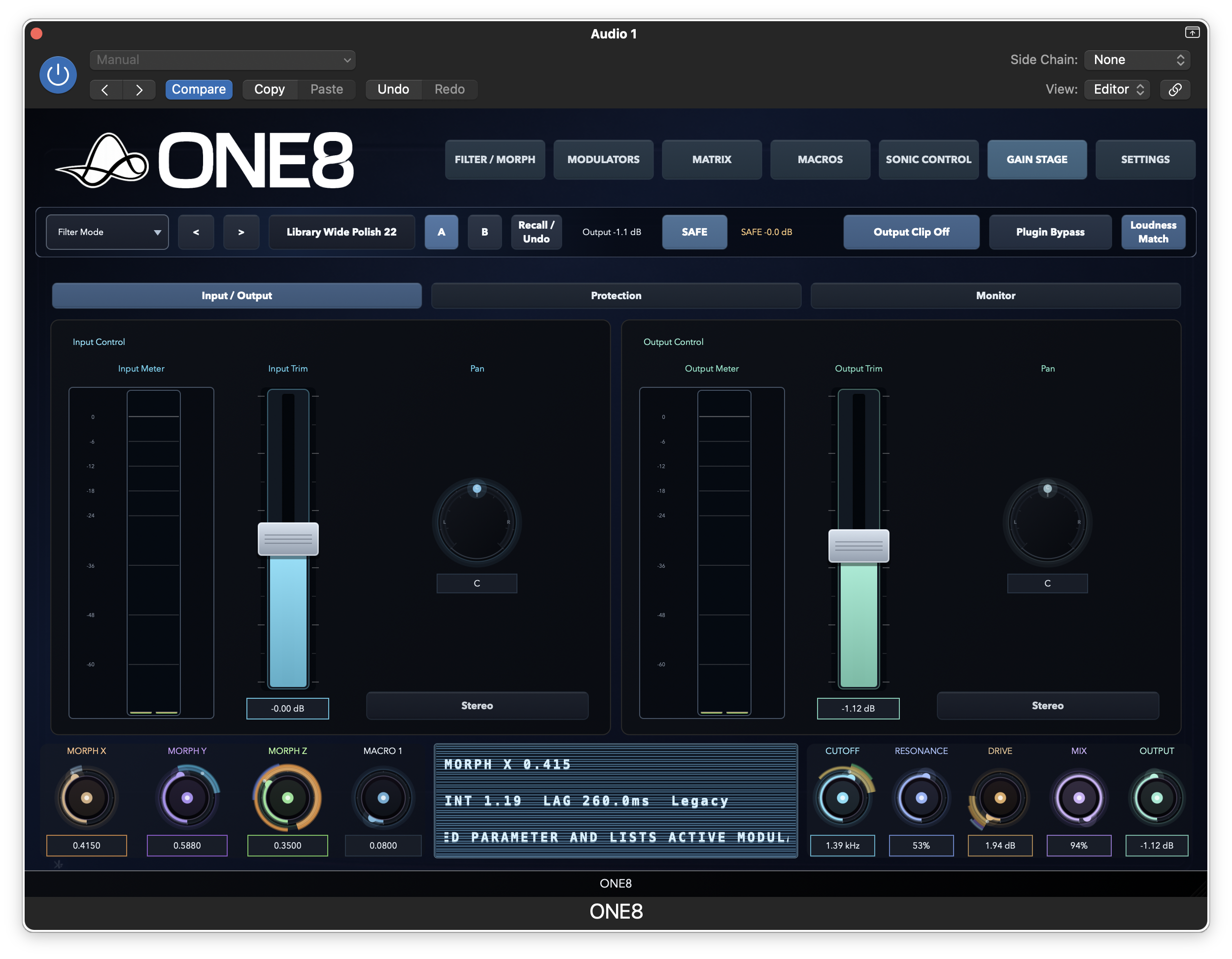 ONE8 Gain Stage monitor page