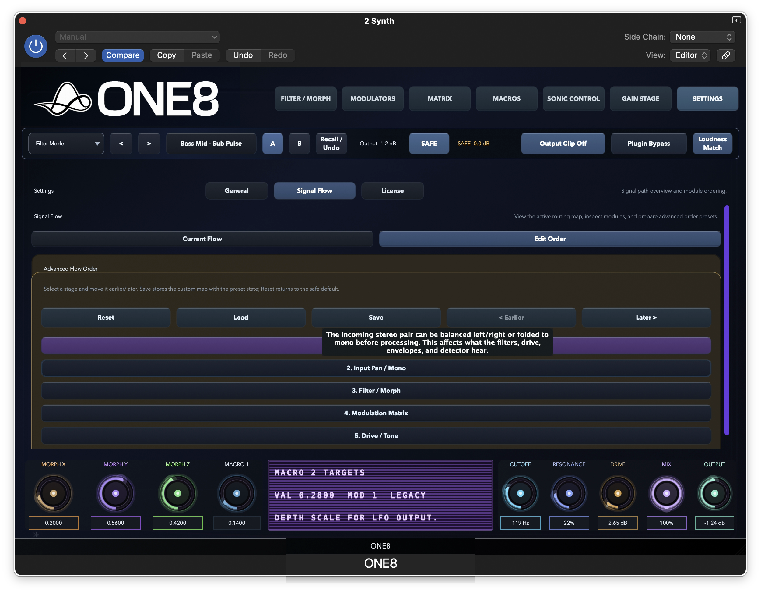 ONE8 signal flow settings page